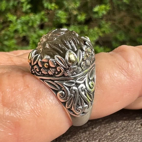Intricate Sterling Silver 925 and 18K Carved Topaz  Ring - Picture 2 of 9